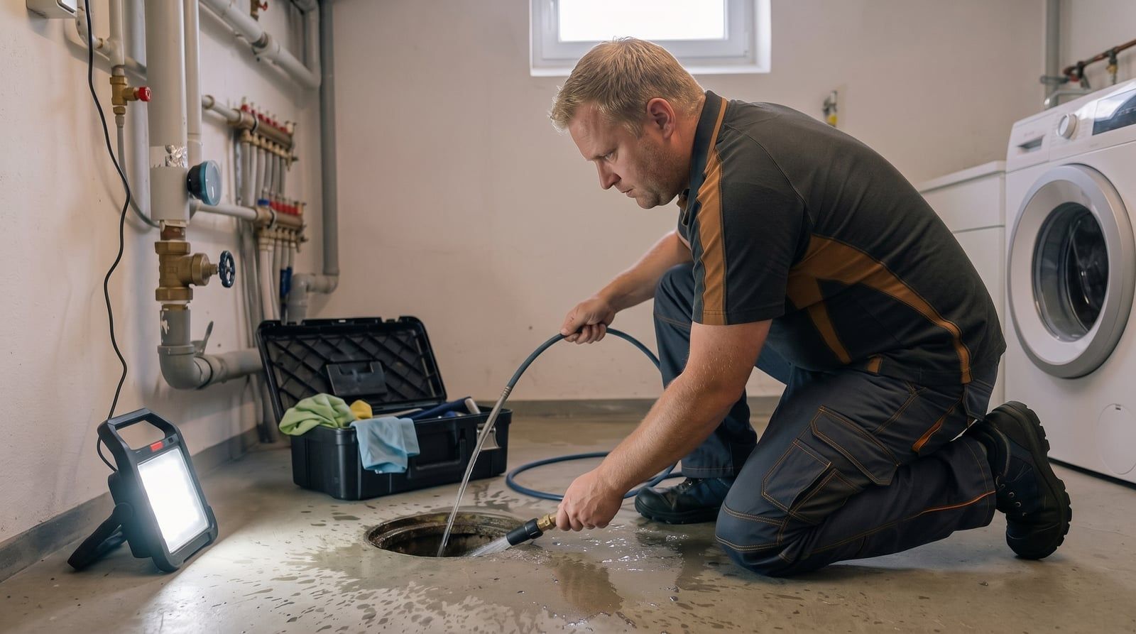 Techniker spült im Keller einen Bodenablauf mit dem Hochdruckschlauch