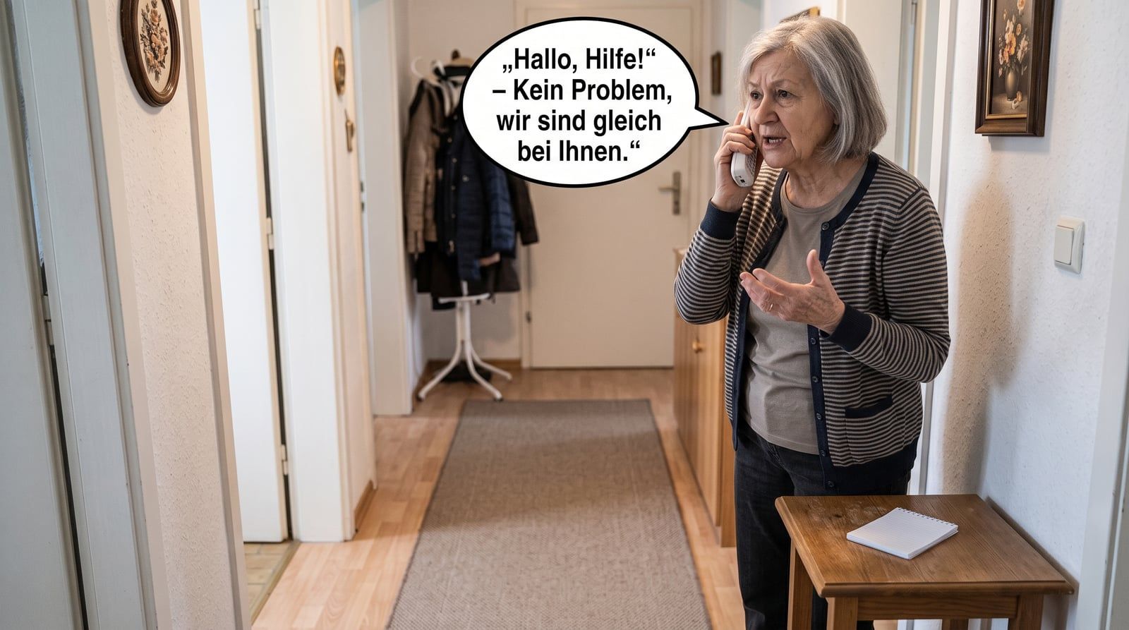 Die Frau ruft im Flur aufgeregt beim Notdienst an